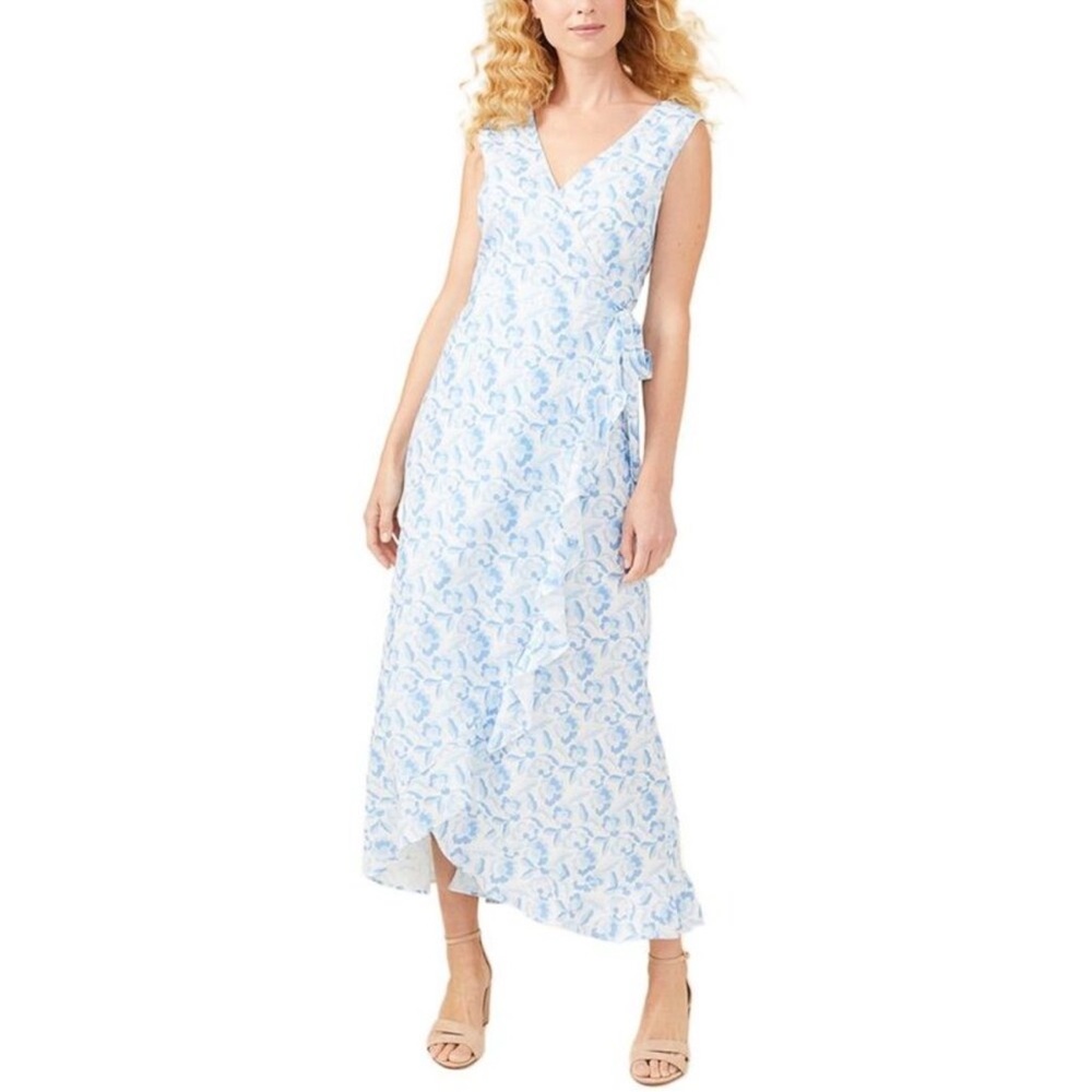 J McLaughlin Cerise‎ Linen Blend Blue and White Floral Maxi Dress Medium